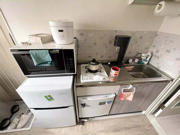 Beyond the fridges, there was just enough space for a microwave, rice cooker, single burner, and sink.