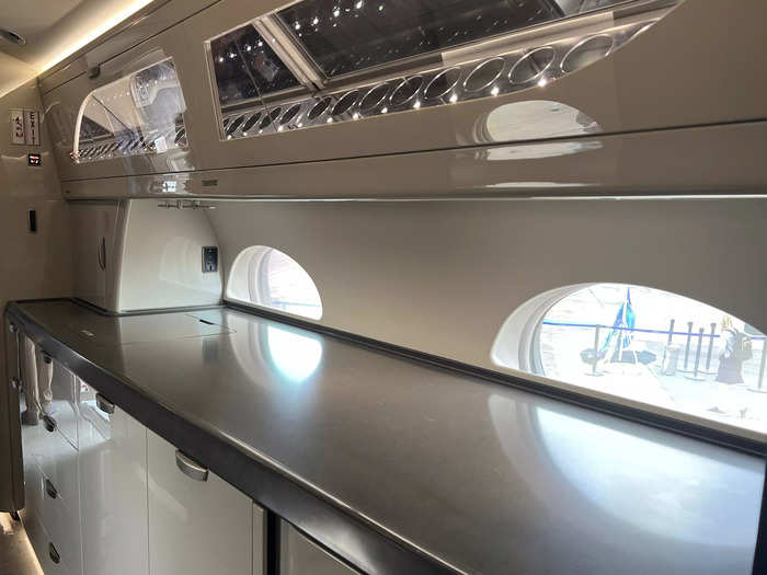 Also not part of the passenger area is the "extra-large" galley, which is where flight attendants prepare meals, snacks, and drinks.