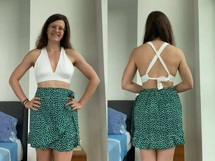 I was surprised to see that both the top and skirt fit, though the cups in the top were slightly too big — if I moved around, it gapped on the sides.