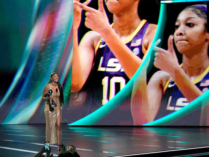 Angel Reese called back to her controversial national championship celebration while accepting the hardware for best breakthrough athlete.