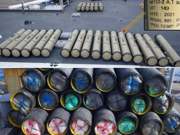 Iranian and Russian-made anti-tank guided missiles found on the Dhow X and Z.