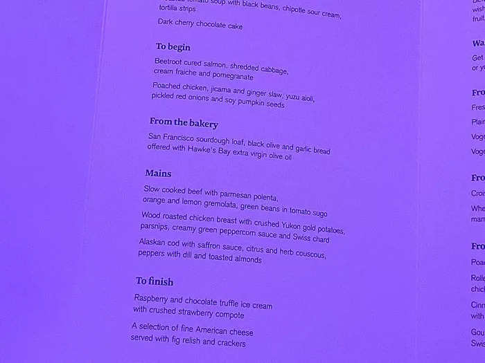 Options on my Air New Zealand flight were descriptive. I could pick between "slow-cooked beef with polenta, orange, and lemon gremolata" or "Alaskan cod with saffron sauce."