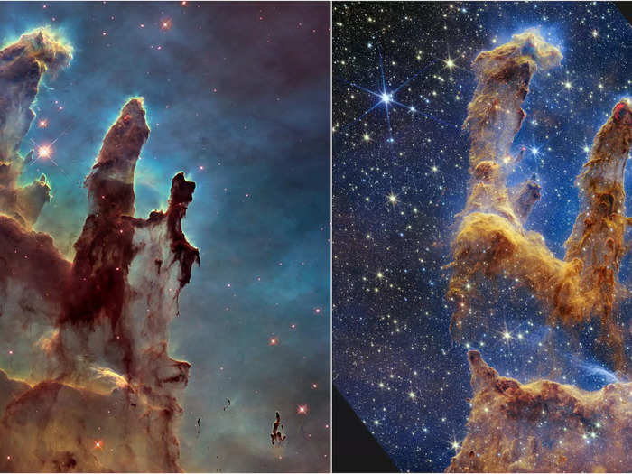 A new view of the pillars of creation shows in detail how star-speckled the dusty region is. Hubble had taken photos of this star-forming region before, which makes for an astonishing side-by-side view of scientific progress.