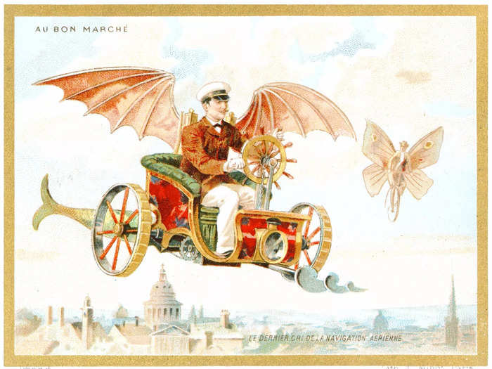 Early depictions of a flying car even looked somewhat like a chariot, like this ad card from 1890.