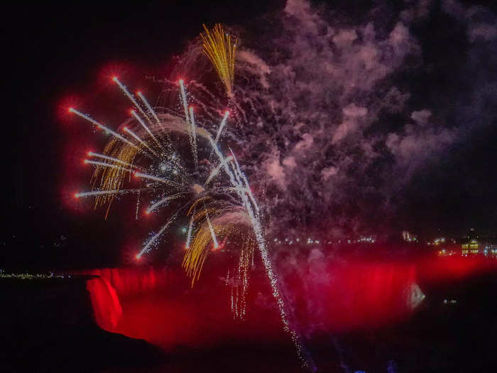 At 10 p.m., I was excited to see a fireworks show explode over the glowing waterfalls, which I enjoyed without obstruction or crowds.