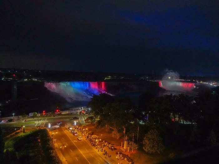 While the falls are breathtaking during the day, staying in this hotel room made me think they may be even more beautiful at night. After the sun went down, I looked out the window to find the falls glowing in changing colors, courtesy of the Niagara Falls Illumination board.