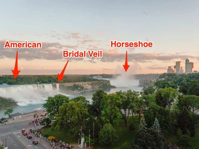 The Sheraton Fallsview Hotel faces all three falls that make up Niagara Falls: the American Falls on the left, Bridal Veil Falls in the middle, and Horseshoe Falls on the right.