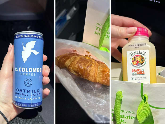 For breakfast, I was served a croissant, a can of La Colombe Coffee, and a bottle of orange juice.