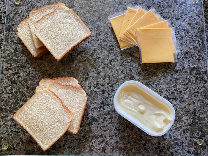 First I assembled the ingredients for three identical grilled-cheese sandwiches.