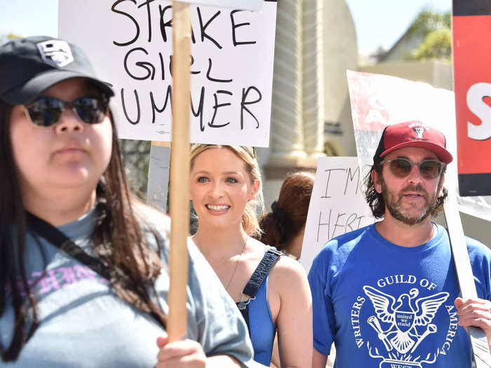 Actor Greer Grammer was photographed at the same strike.