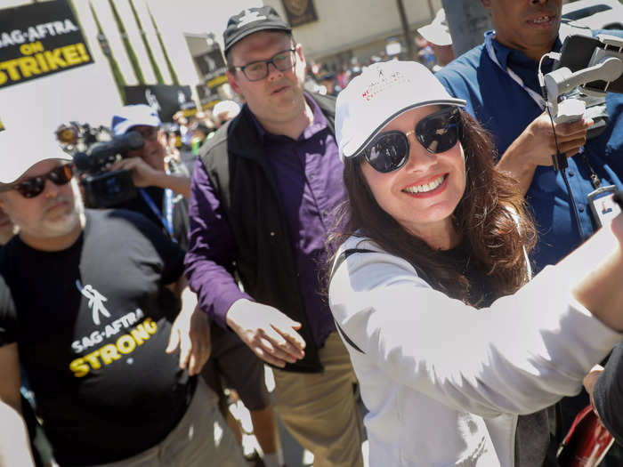 In California, Fran Drescher, actor and SAG-AFTRA president was all smiles at a protest outside of the Warner Bros. studio in Burbank.