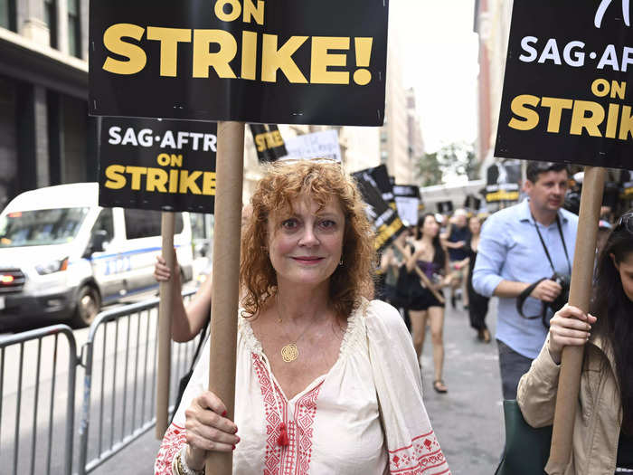 Also joining the picket line in NYC was actor Susan Sarandon, who was photographed holding a sign in support of the SAG-AFTRA strike.