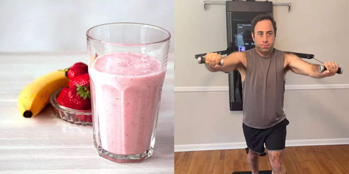 strawberry banana smoothie in a glass / Jacob Brody working out on his Tonal at home