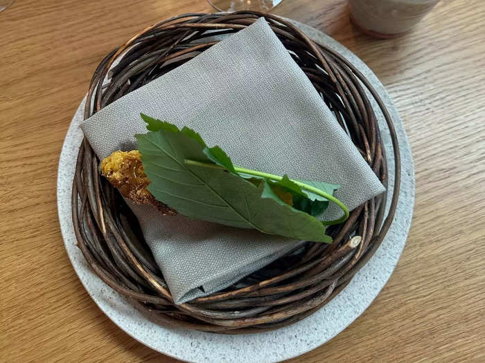 Asparagus tempura was next, wrapped in a leaf and presented in a nest that reminded me of something I could get at a craft store.