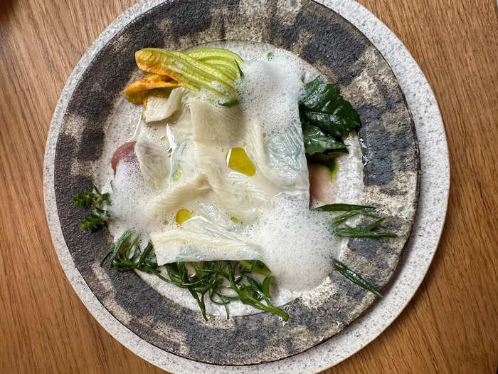 Then we had yuba with milk "skin," gooseberries, and courgette flowers. The milk skin was inspired by tofu skin they had seen in Japan.