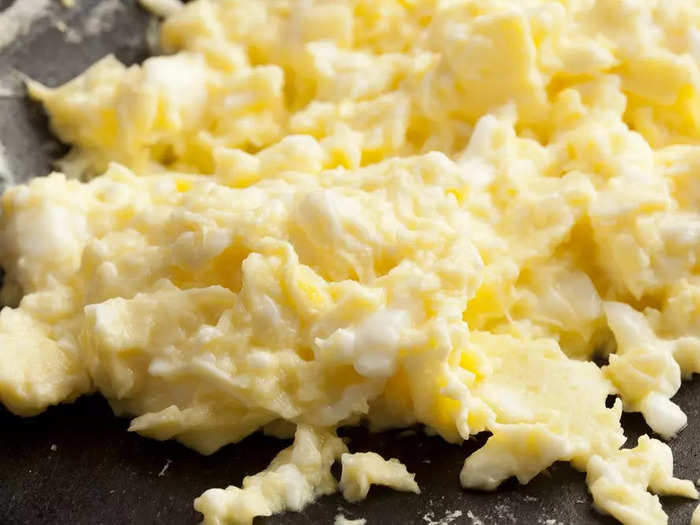 Some diners create fluffy scrambled eggs with pancake batter.