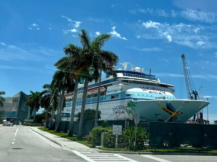 The Paradise, which has 10 passenger decks and 658 cabins, docked in Palm Beach, Florida.