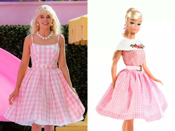 Her pink gingham dress looks like it was inspired by the 1964 Dancing Doll Barbie.