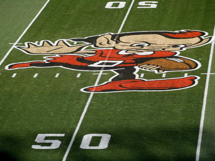 While the Browns do not use a logo on their helmet, they did use their elf logo at midfield last year.