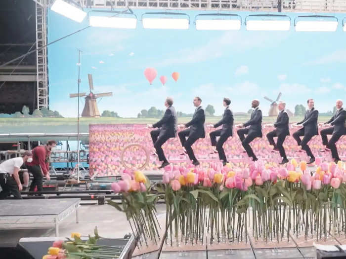 BTS footage shows how the tulips were pulled to create a sense of movement.