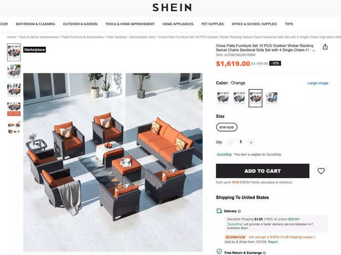 But the most expensive product on the site is a 10-piece patio furniture set for $1,619.