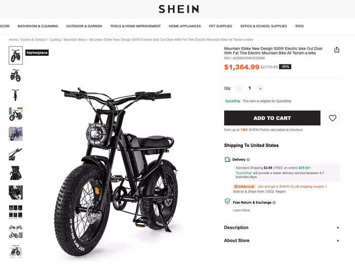 Shein may be known for its cheap products, but it sells higher-ticket items as well. Like this electric bike for $1,365.