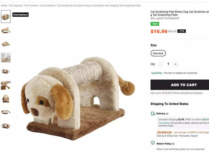 Shein sells pet supplies and furniture like this scratching post shaped like a dog.