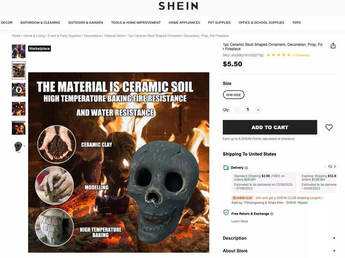 Shein also sells spooky items for Halloween decorations or just for fun, like this fire-resistant skull.