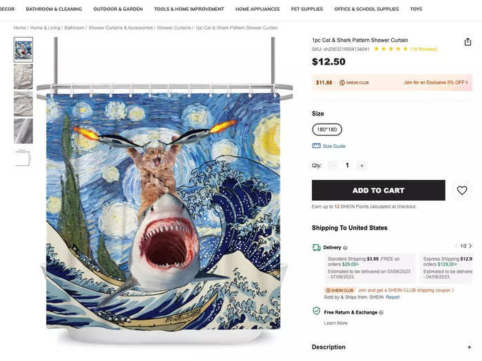 This shower curtain is a peculiar conglomeration of van Gogh, Hokusai, and a cat holding fish flamethrowers while riding a shark.