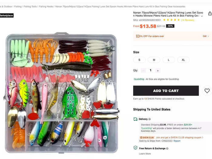 Shein sells gear for outdoor activities like camping and fishing. This tackle box comes with lures and hooks.