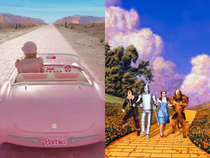 The pink-brick road in "Barbie" is a reference to the yellow-brick road in "The Wizard of Oz."