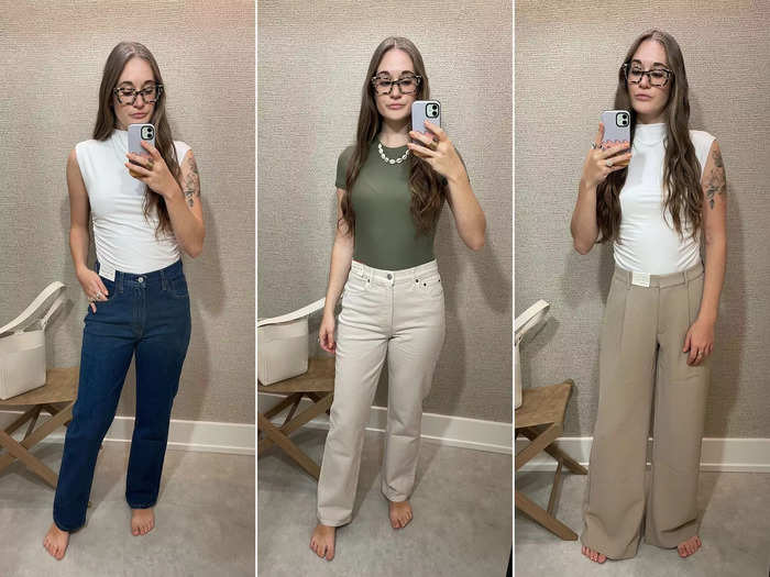 I tried on three pairs of pants and two tops. The high-waisted jeans fit perfectly, but I really liked the third outfit with the white ruched shell top and the crepe tailored ultra-wide-leg pant.