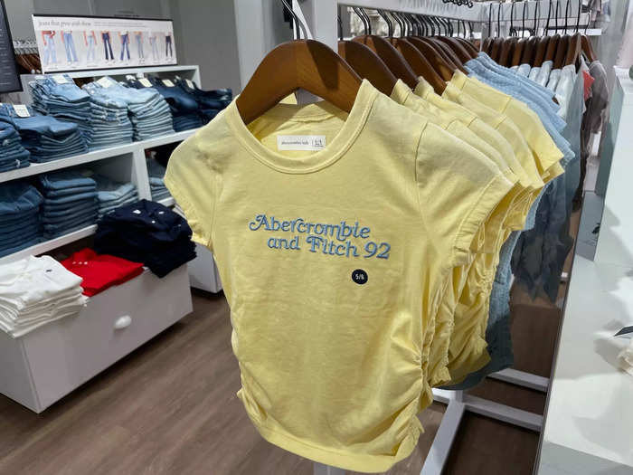 I loved this lemonade-color ruched tee. The font harks back to classic Y2K Abercrombie baby tees.