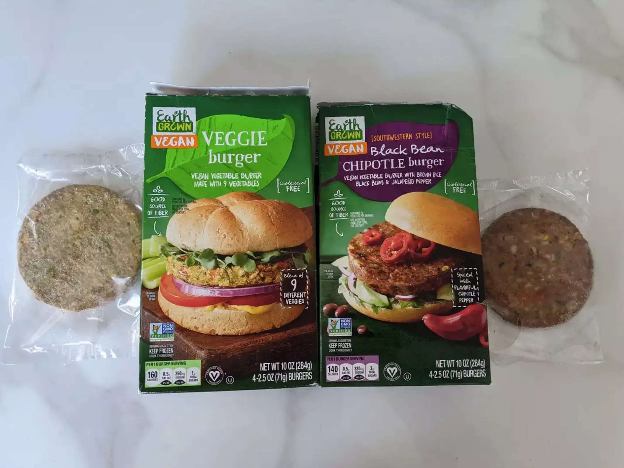 Earth Grown veggie burgers on a table