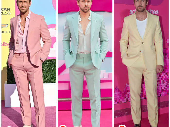 Ryan Gosling stuck to a classic suit for the "Barbie" premieres but added a fun flair with pastel colors.