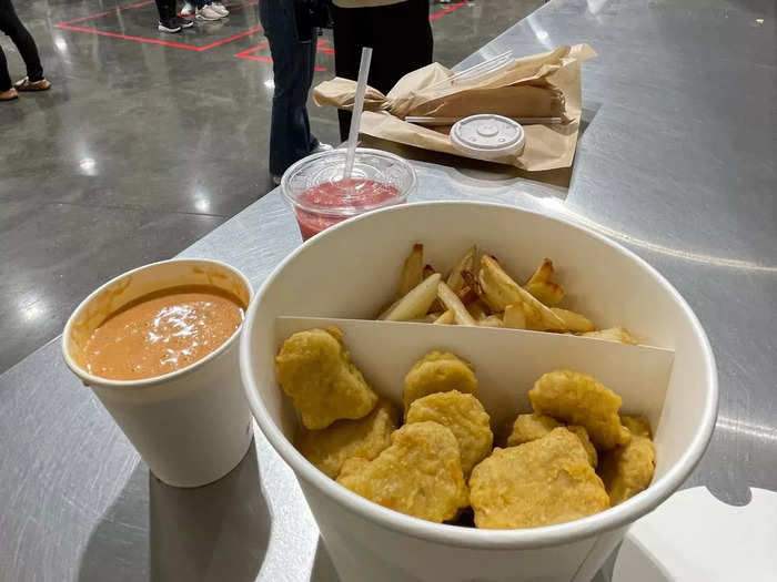 The chicken nugget bucket was pretty popular, and it was pretty massive. There were like 30 chicken nuggets and a bunch of fries — definitely not a one-person kind of meal, but I tried it anyway.