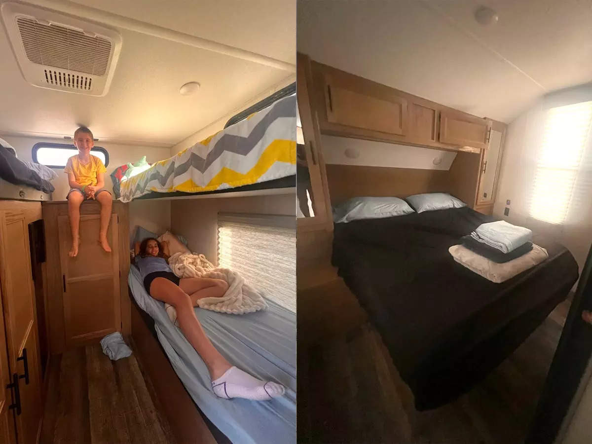 two kids in a bunk-bed room in an RV smiling, one on bed and one on cabinet next to image of queen-size bed with sheets/towels on the bottom