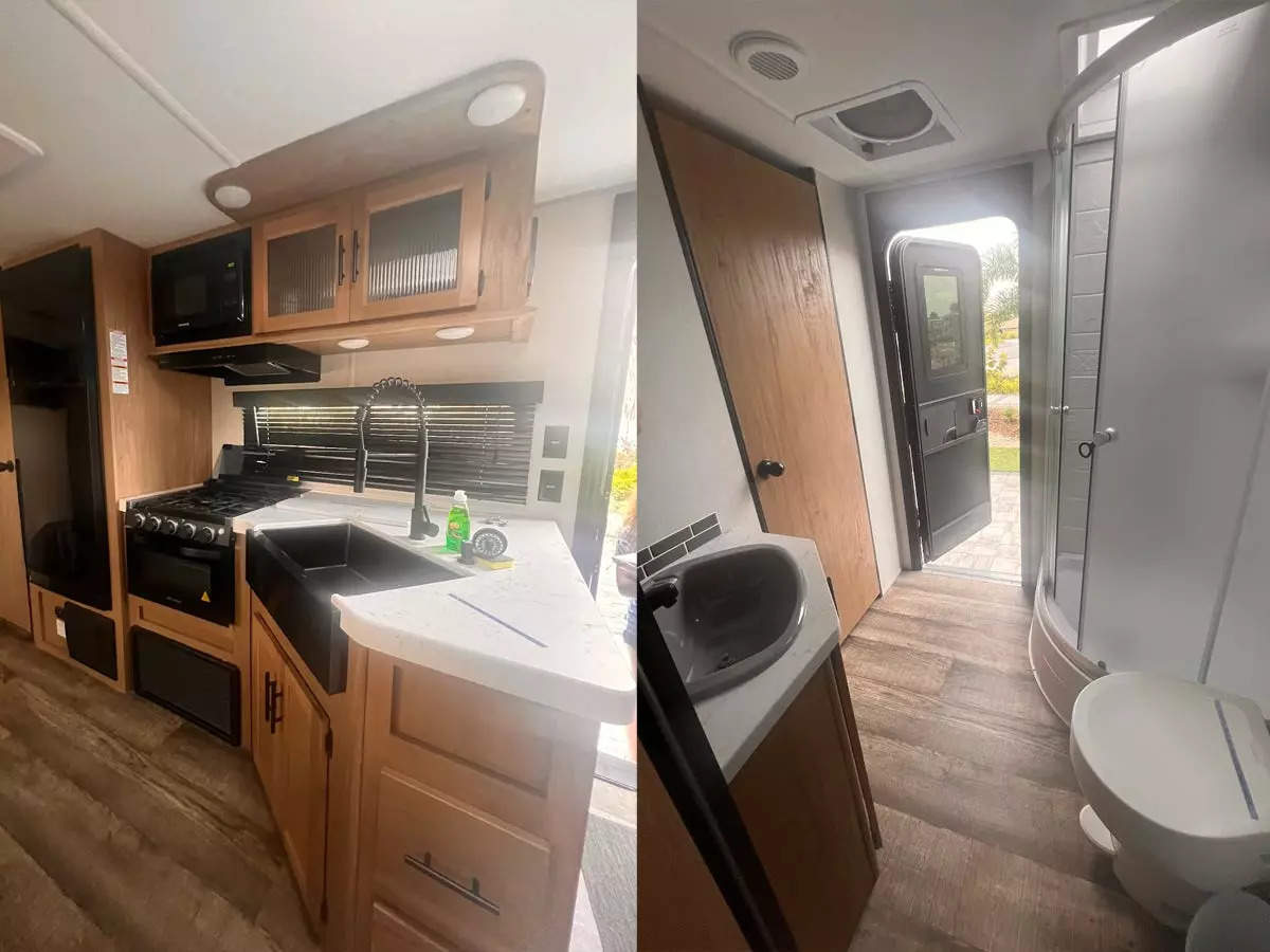 wood kitchen with black appliances in an rv next to image of toilet, sink, and shower in an RV next to an open door