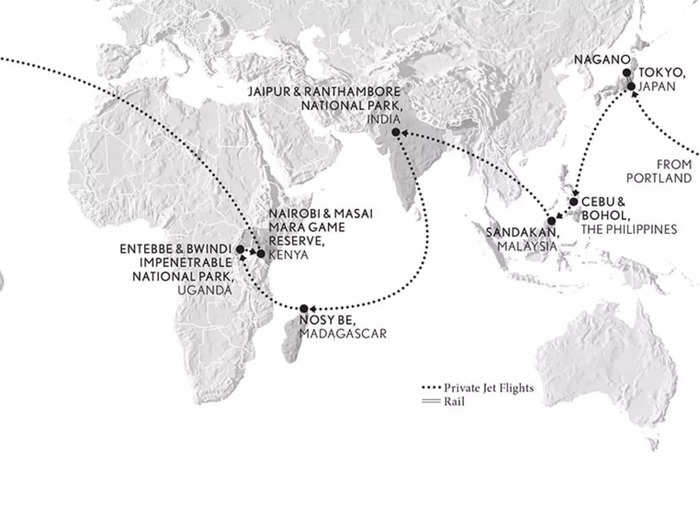 The plane will make eight stops along the full 25-day itinerary, visiting nations like Japan, Madagascar, India, and Kenya.