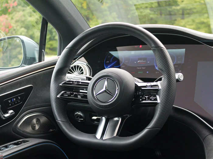 The flat-bottomed steering wheel is thick and substantial.