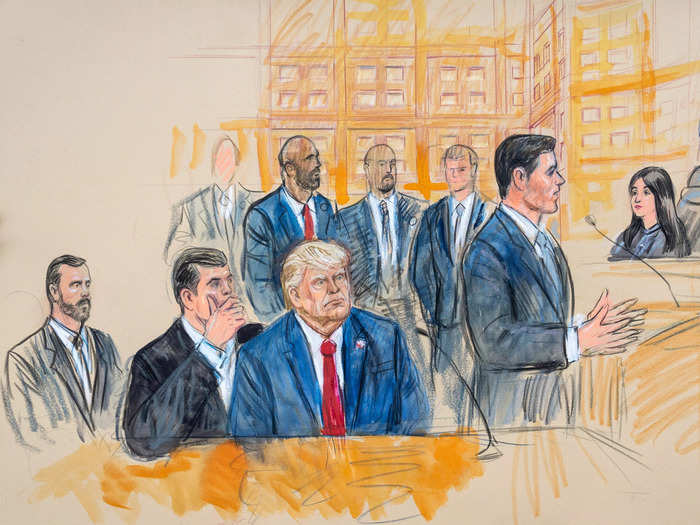 Cameras were restricted inside the courtroom. Shown in the sketch is attorney Todd Blanche, left, talking to Trump. Defense lawyer John Lauro is seen facing Magistrate Judge Moxila Upadhyaya who oversaw Thursday