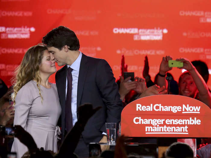 October 2015: Justin and Sophie shared a sweet moment as he gave his victory speech after being elected prime minister of Canada.
