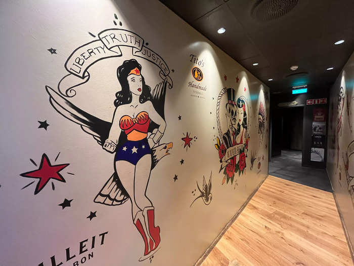 On the way to the bathroom, I noticed this "Wonder Woman" mural in the hallway. I thought it helped balance out the bar