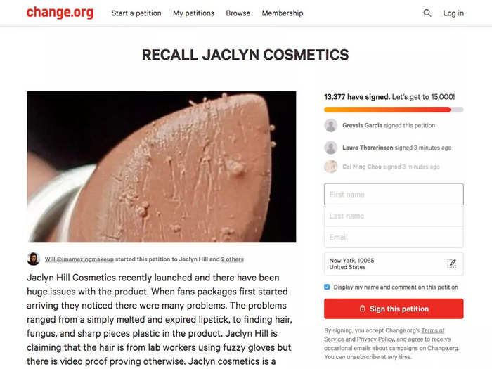 A petition was created by beauty fans to urge Jaclyn Cosmetics to recall its lipsticks, garnering thousands of signatures.