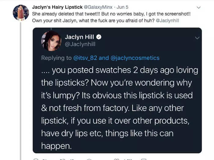 Hill initially defended herself and her lipsticks as various claims were made by customers.
