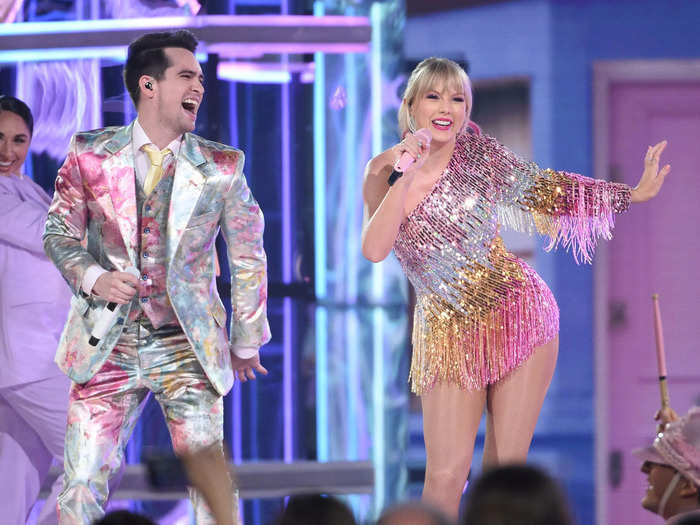 She changed into a rainbow dress to perform her new song called "ME!" with Panic! At the Disco