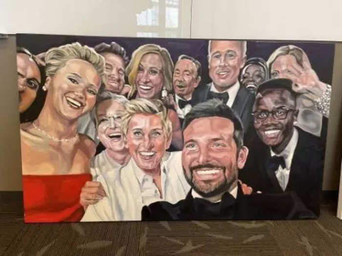 This is a painting of the Oscars selfie, posted by Ellen Degeneres on March 3, 2014. The tweet currently has over 2 million likes and 2.8 million reposts.