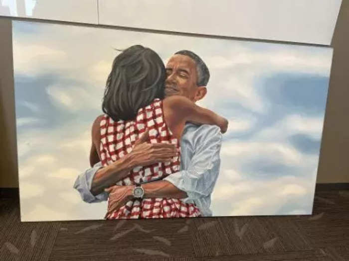 This painting of Barack and Michelle Obama hugging commemorates Obama