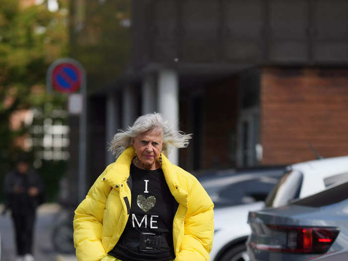 A guest outside the Stamm show sported an "I heart me" T-shirt for the most fitting fashion week statement.