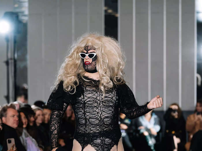 Ervin Latimmier guided the runway of his namesake brand dressed as his alter-ego drag-queen personality Anna Conda.